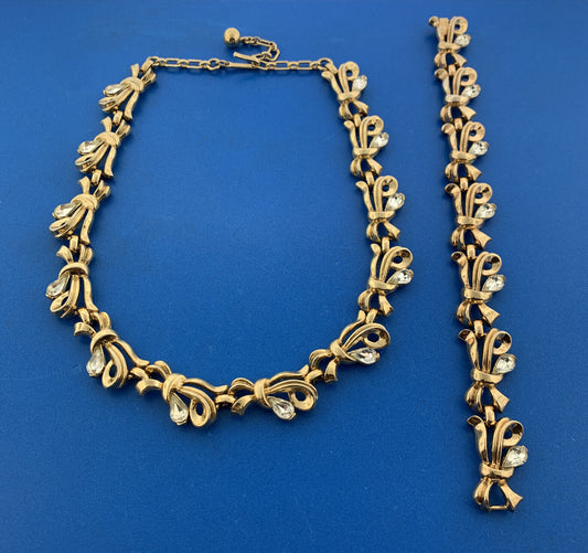 1950s Alfred Philippe Crown Trifari Gold Tone Rhinestone Bracelet Necklace Set