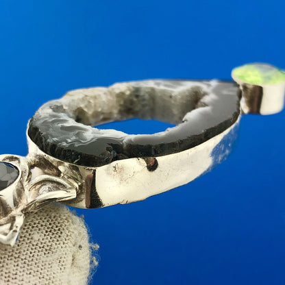 Stunning Sterling Silver 925 Druzy Quartz Black Chartreuse CZ Statement Pendant