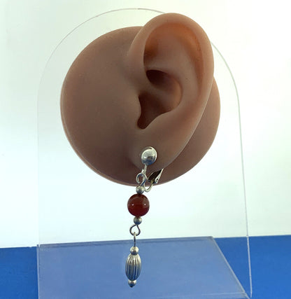 Vintage Carnelian Bead 925 Sterling Silver Dangle Clip On Earrings