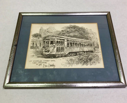 1976 Artist Don Davey St. Charles Street Car NOLA Pencil Sketch Matted Framed