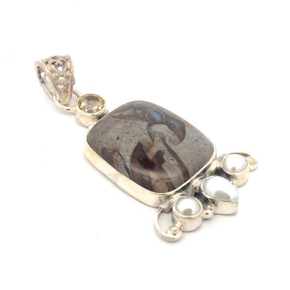 Vintage 925 Sterling Silver Grey Calsi Pearl White Amethyst Scroll Pendant