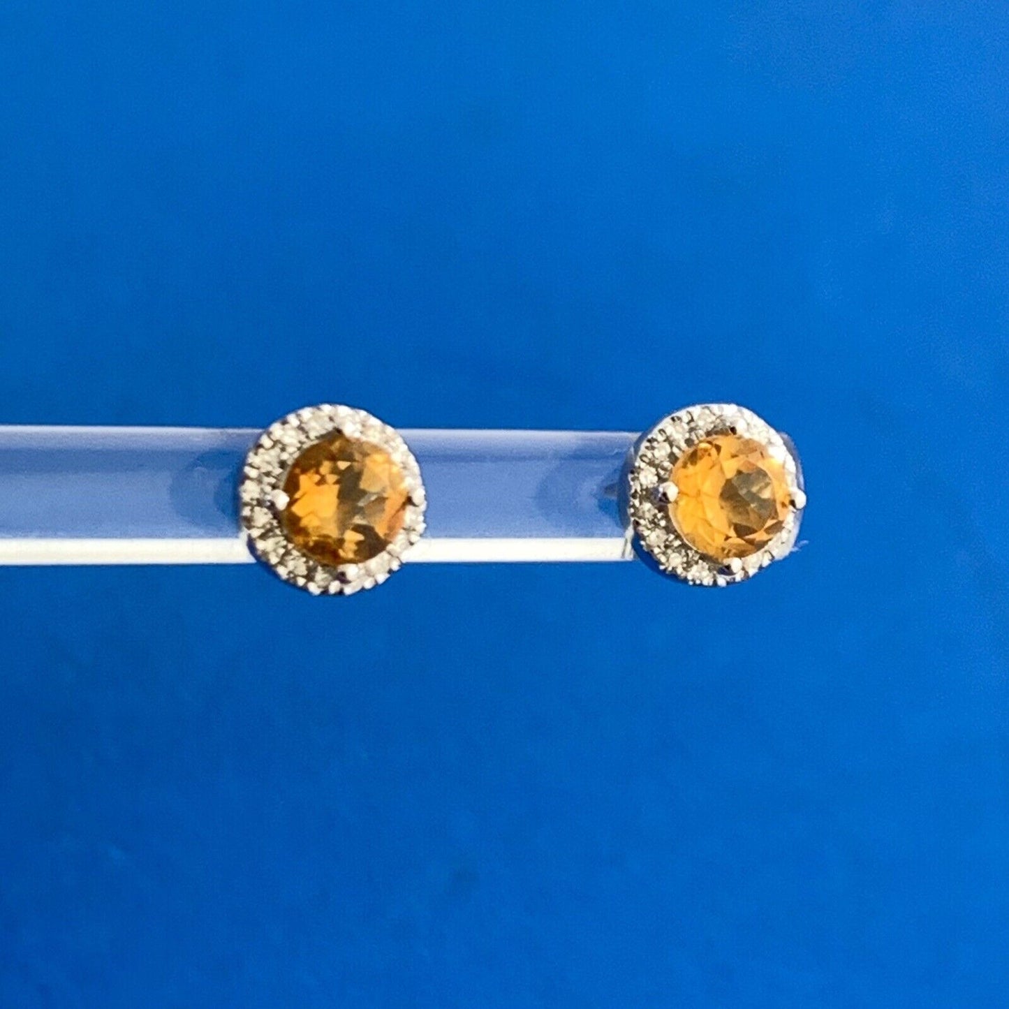 Designer 10K White Gold Round Citrine Diamond Halo Stud Earrings