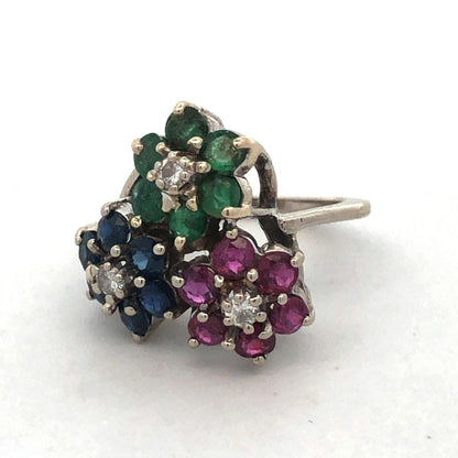 KOL 14K White Gold Round Ruby Sapphire Emerald Topaz Floral Cluster Pinky Ring