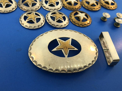 Southwestern Sterling Silver Brass Star Texas Star 23 Piece Rodeo Buckle Set