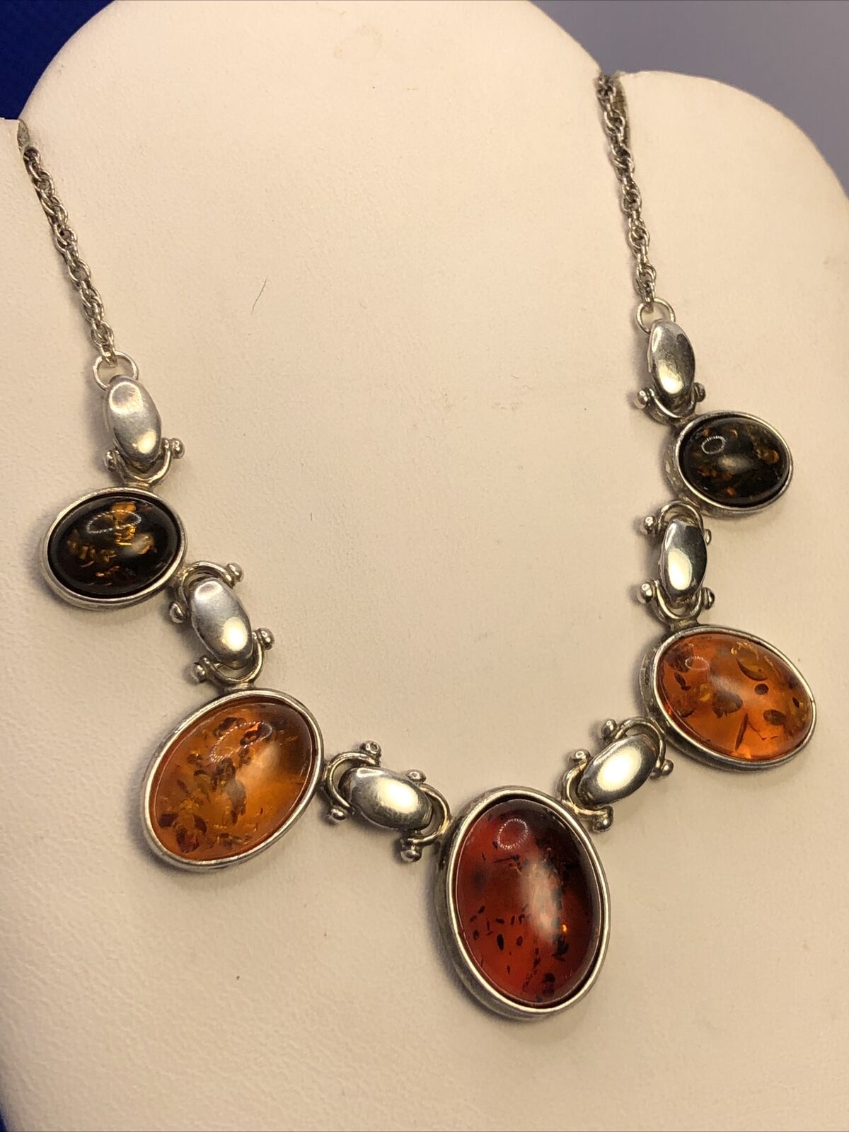 Designer PS 925 Sterling Silver Red Yellow Green Amber Station Necklace