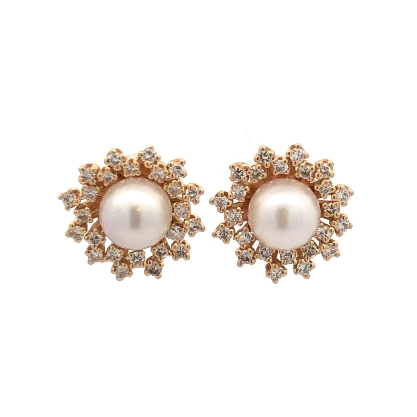 Designer 14K Yellow Gold Round Pearl Stud With Diamond Halo Earring Jackets