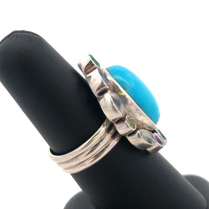 Designer NB India 925 Sterling Silver Oval Turquoise Multi-stone Statement Ring