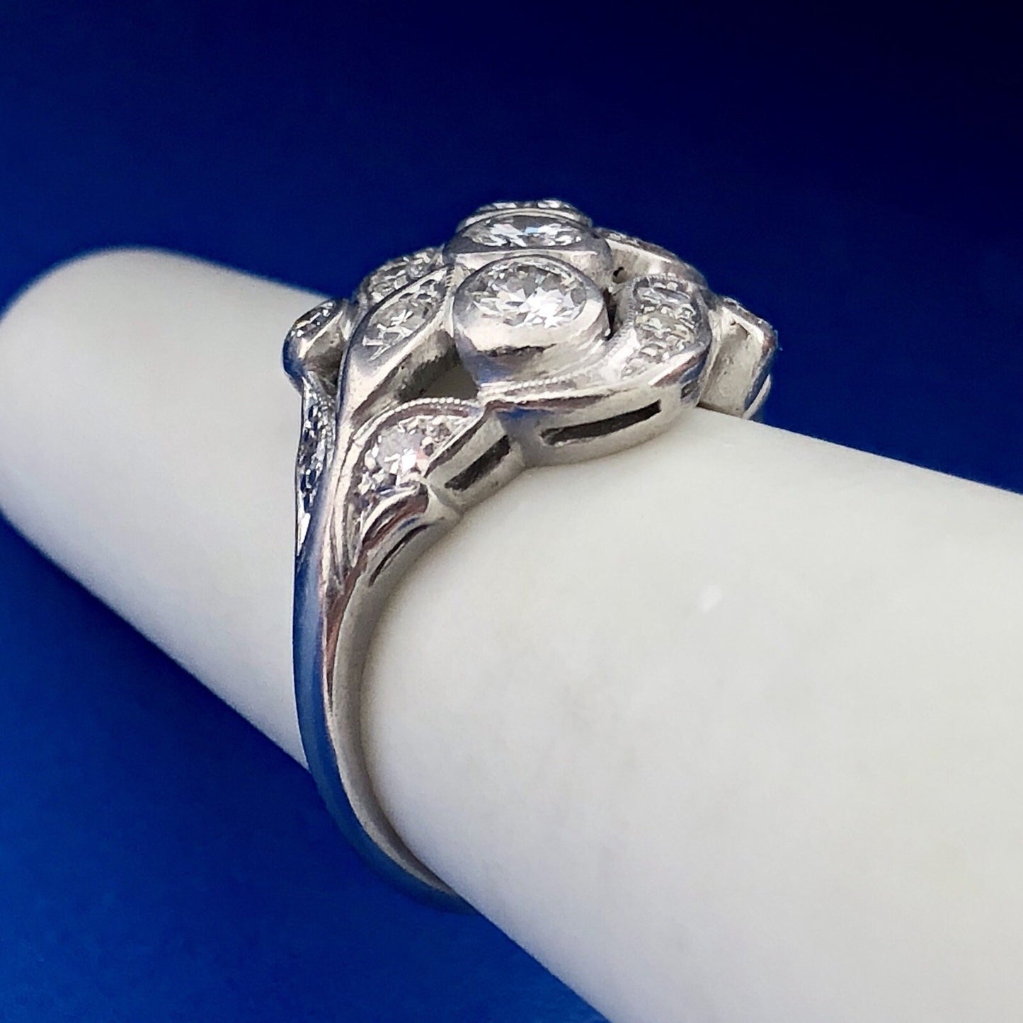 Art Nouveau Art Deco Platinum Diamond Floral Cluster Engagement Cocktail Ring