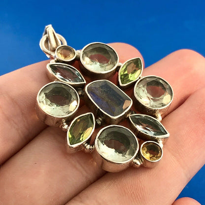 Retro 925 Sterling Silver Multi Colored Shaped Gemstone Oval Statement Pendant