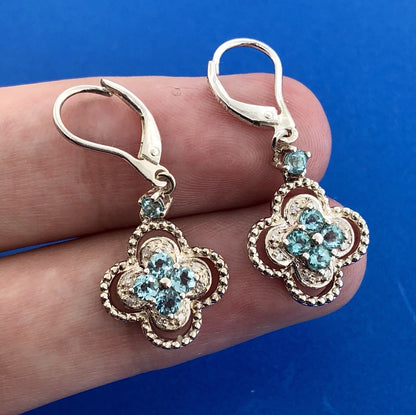 Designer Sterling Silver 925 Blue Topaz Diamond Flower Drop Dangle Earrings