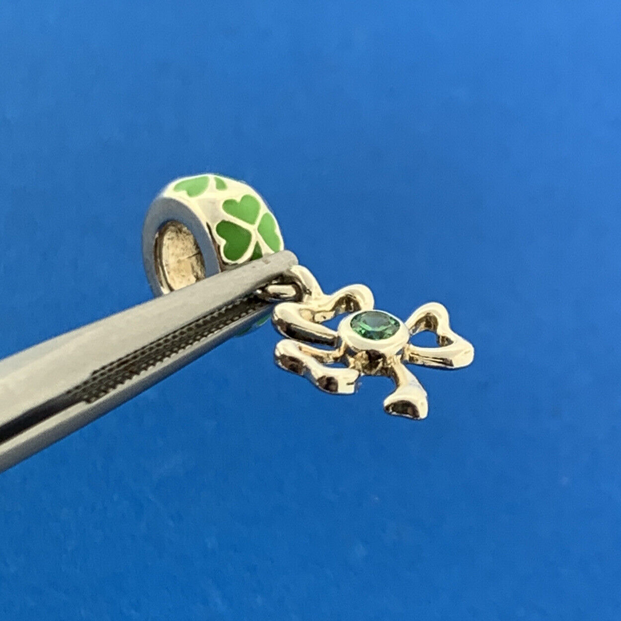Tara's Diary 925 Sterling Silver Green CZ Enamel 3 Leaf Good Luck Clover Charm
