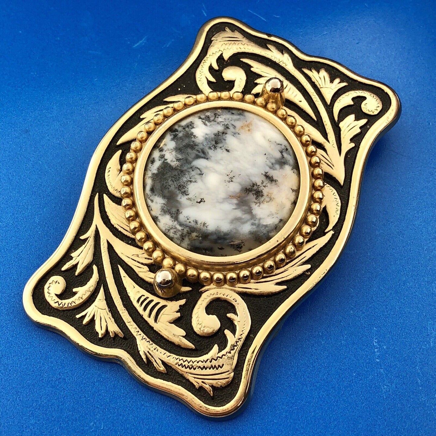 Dramatic Brass Black White Jasper Stone Scroll Intaglio Rectangle Belt Buckle