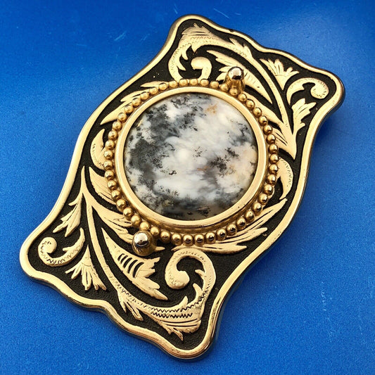 Dramatic Brass Black White Jasper Stone Scroll Intaglio Rectangle Belt Buckle