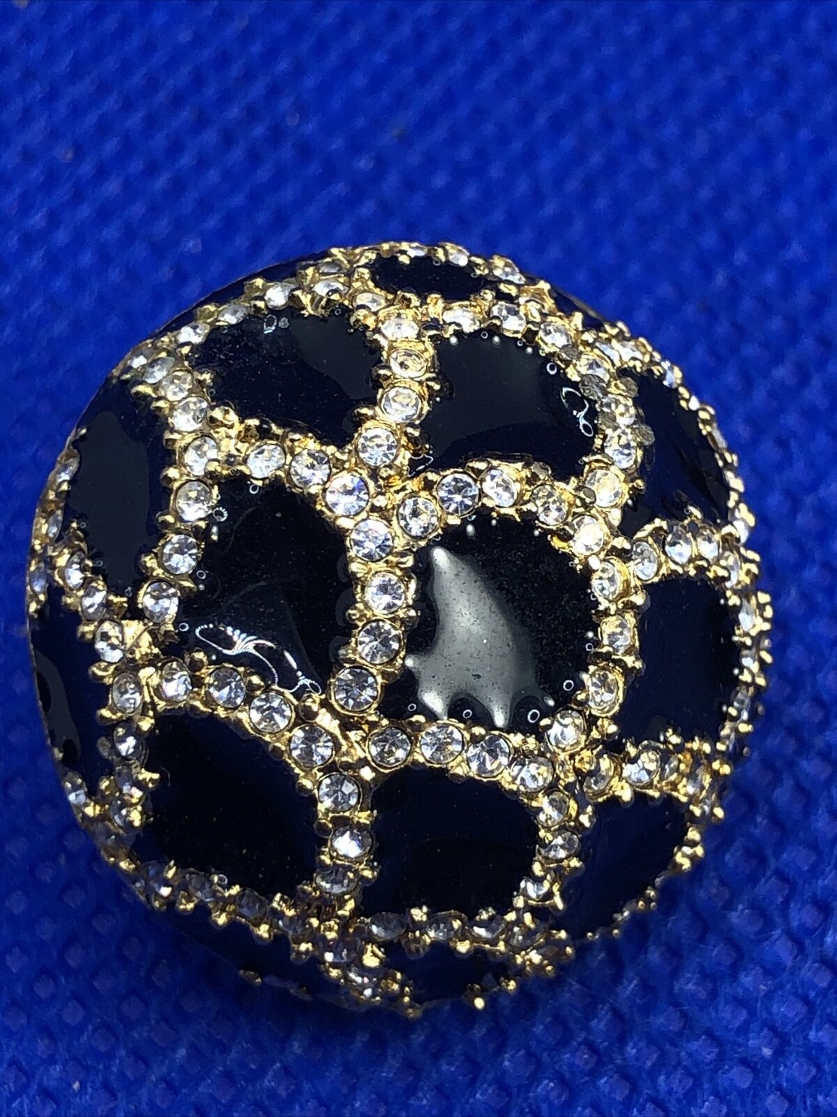 Ciner Gold Tone Black Enamel Rhinestone Mid Century Glam Button Clip On Earrings