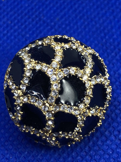 Ciner Gold Tone Black Enamel Rhinestone Mid Century Glam Button Clip On Earrings