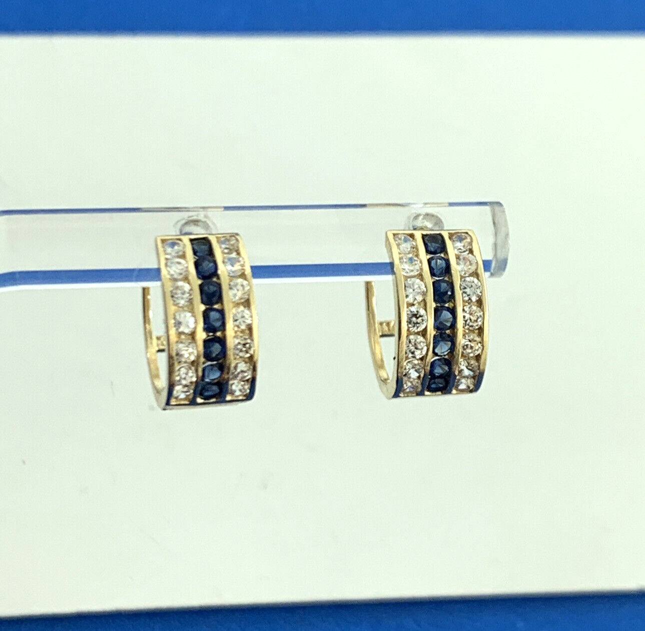 Designer JTS 14K Yellow Gold White Topaz Blue Sapphire Huggie Hoop Earrings
