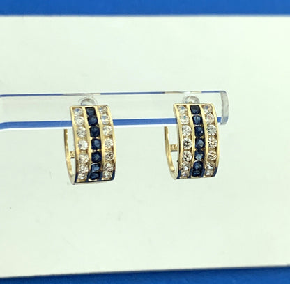 Designer JTS 14K Yellow Gold White Topaz Blue Sapphire Huggie Hoop Earrings