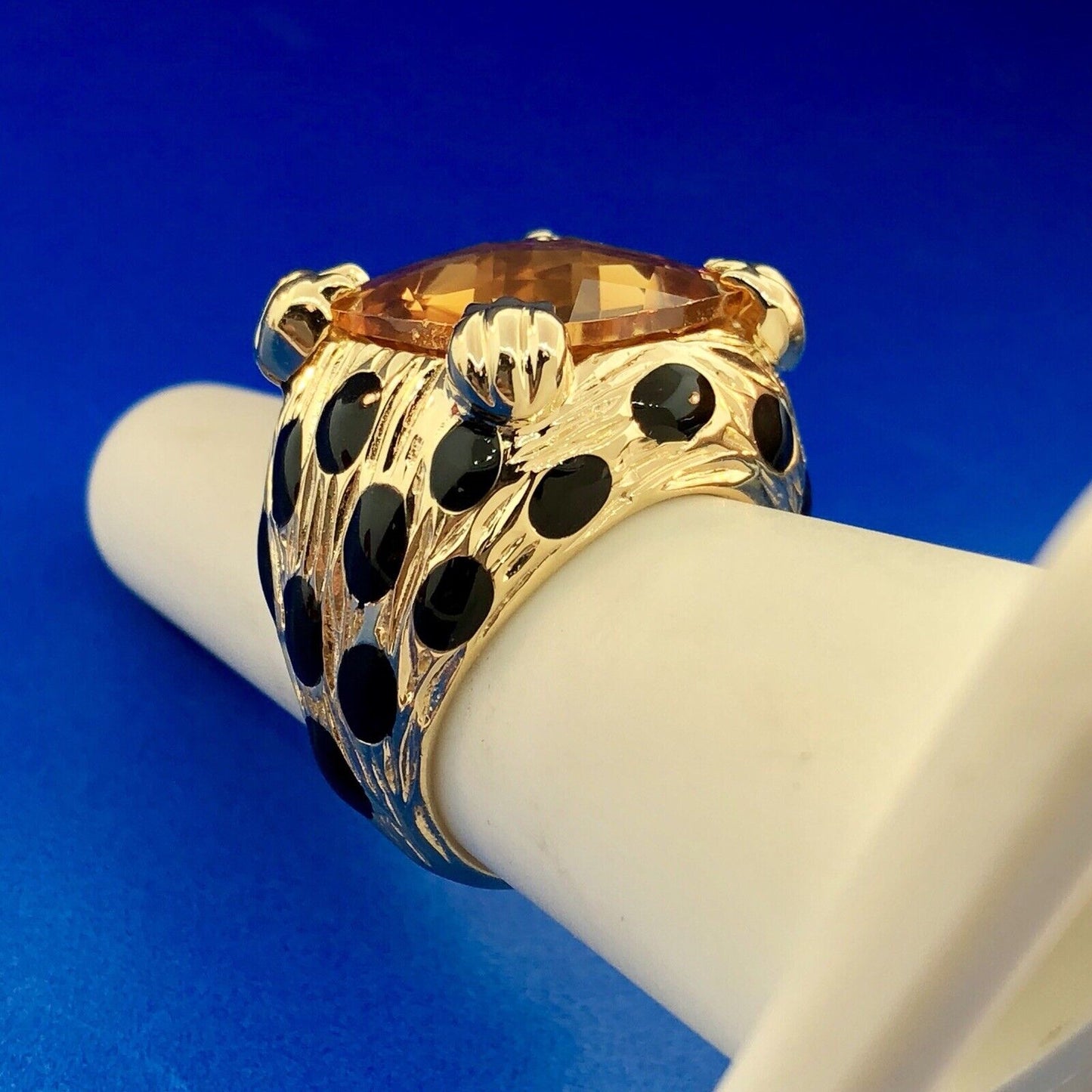 Retro Citra Trading CIT 14K Yellow Gold Citrine Black Enamel Statement Ring