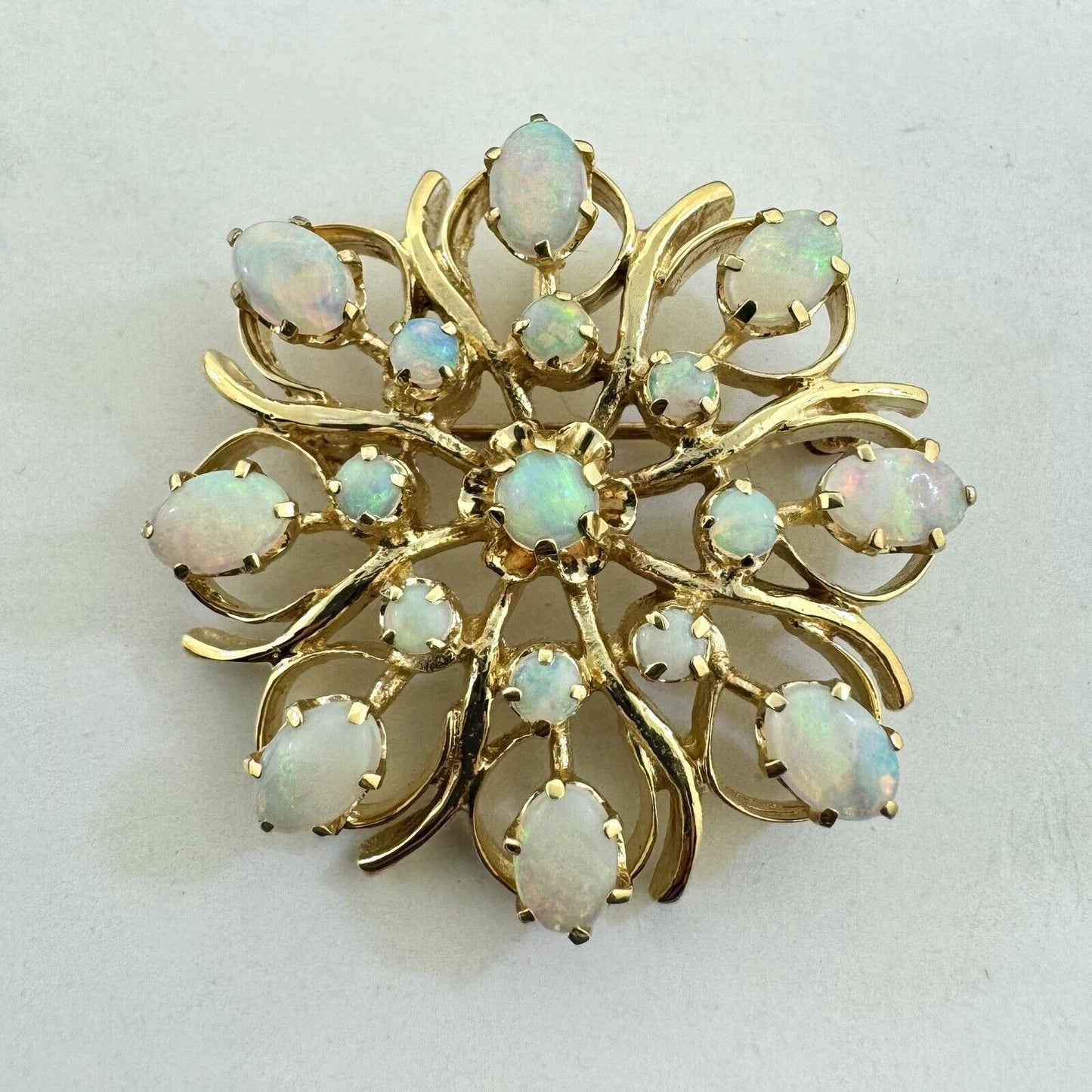 Beautiful 14K Yellow Gold Opal Round Flower Snowflake Pendant Brooch