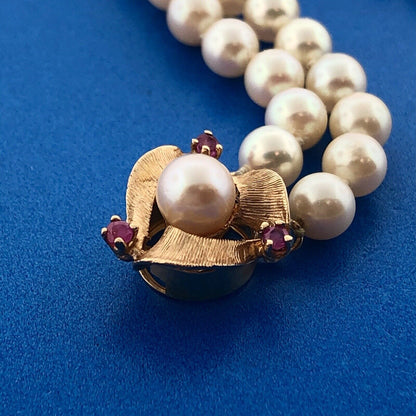 Vintage Elegant 14K Yellow Gold Ruby Pearl Double Strand Bridal Pearl Bracelet