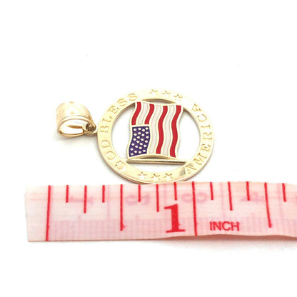 Designer NGI 14K Yellow Gold Enamel God Bless America USA Flag Round Pendant