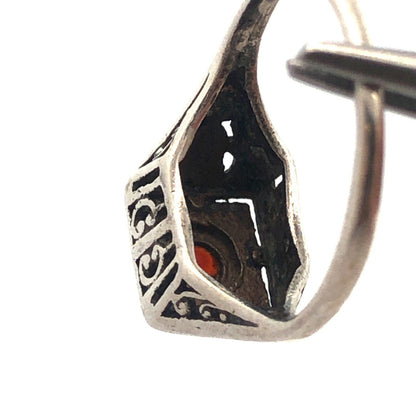 Art Deco 925 Sterling Silver Round Garnet Square Scroll Detail Ring