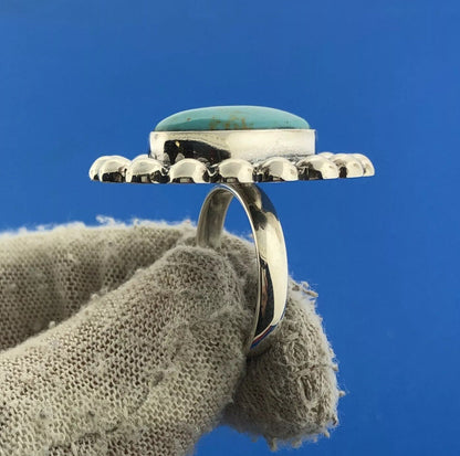 MWS Mexican Sterling Silver 925 Oval Cabochon Turquoise Statement Ring Size 6