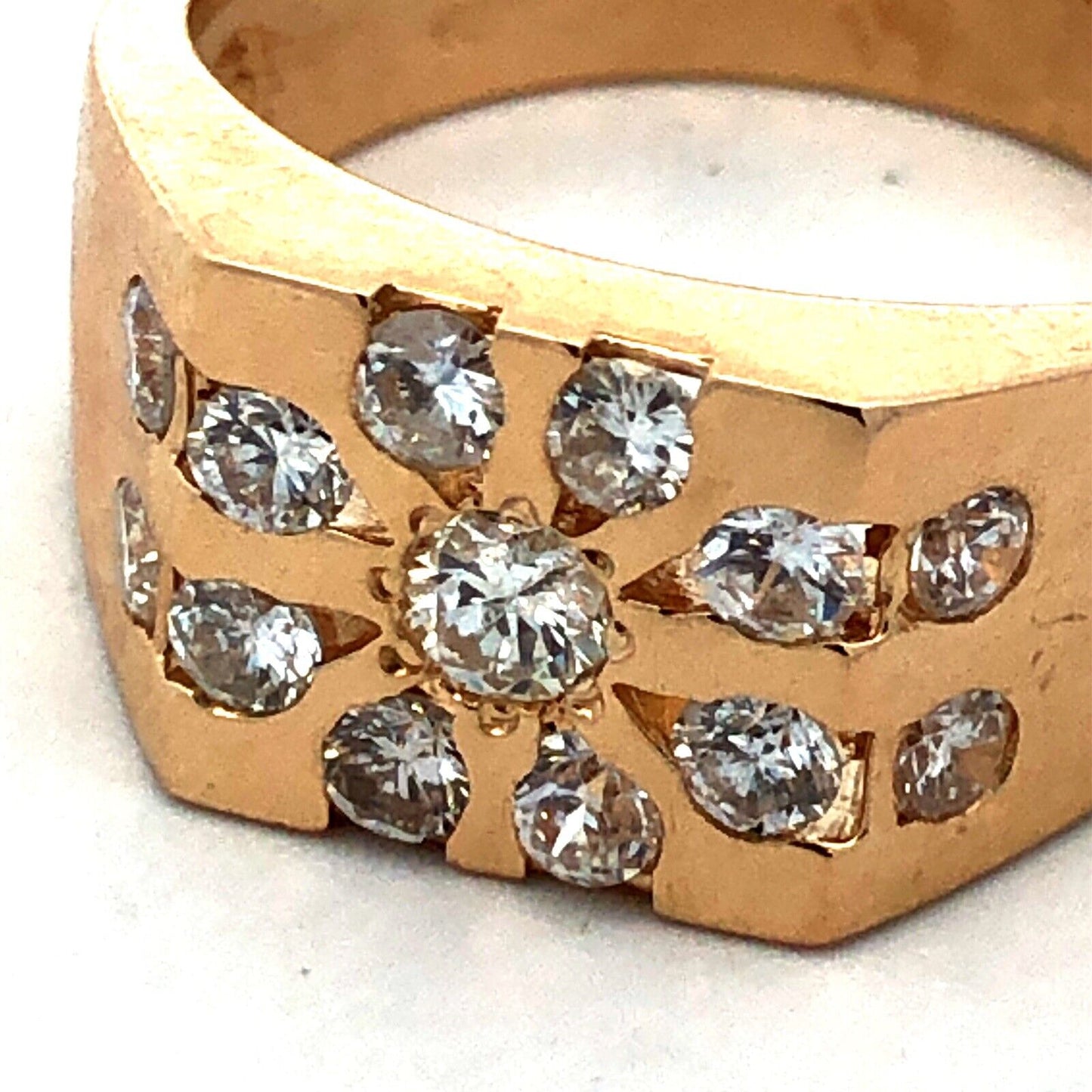 Estate Unisex 14K Yellow Gold Round Diamond Cluster Flower Square Statement Ring