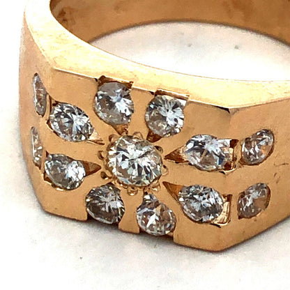 Estate Unisex 14K Yellow Gold Round Diamond Cluster Flower Square Statement Ring