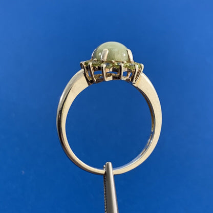 Designer 925 Sterling Silver Oval Jade Cabochon Round Peridot Halo Cocktail Ring