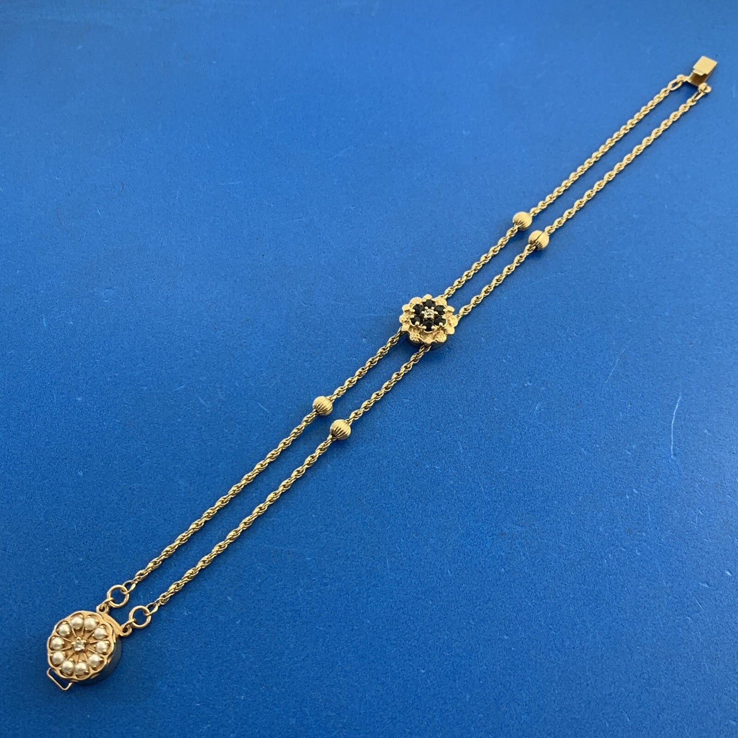 Daffer & KLJCI Black Onyx Diamond Seed Pearl 14K Gold Slide Bracelet