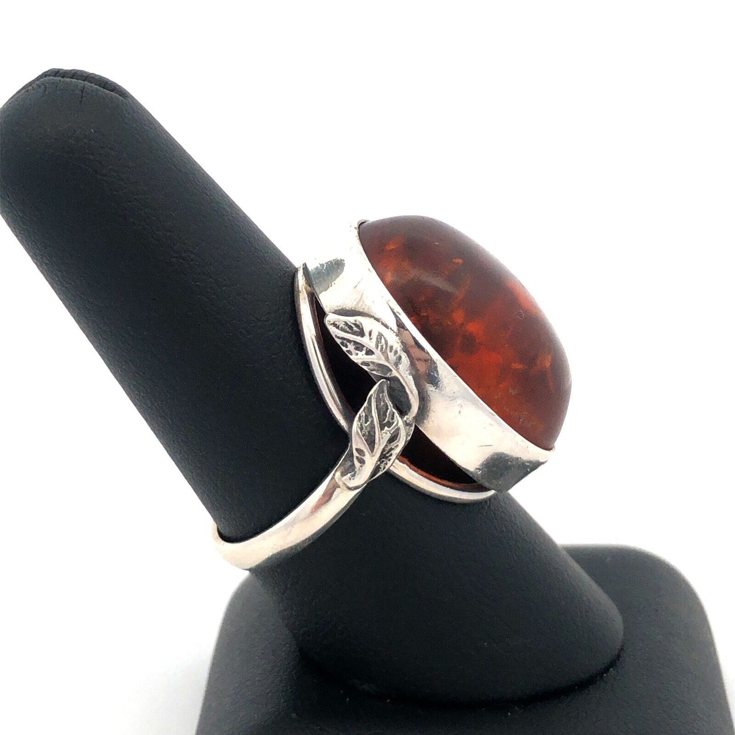 925 Sterling Silver Vintage Oval Cabochon Amber Leaves Nature Statement Ring