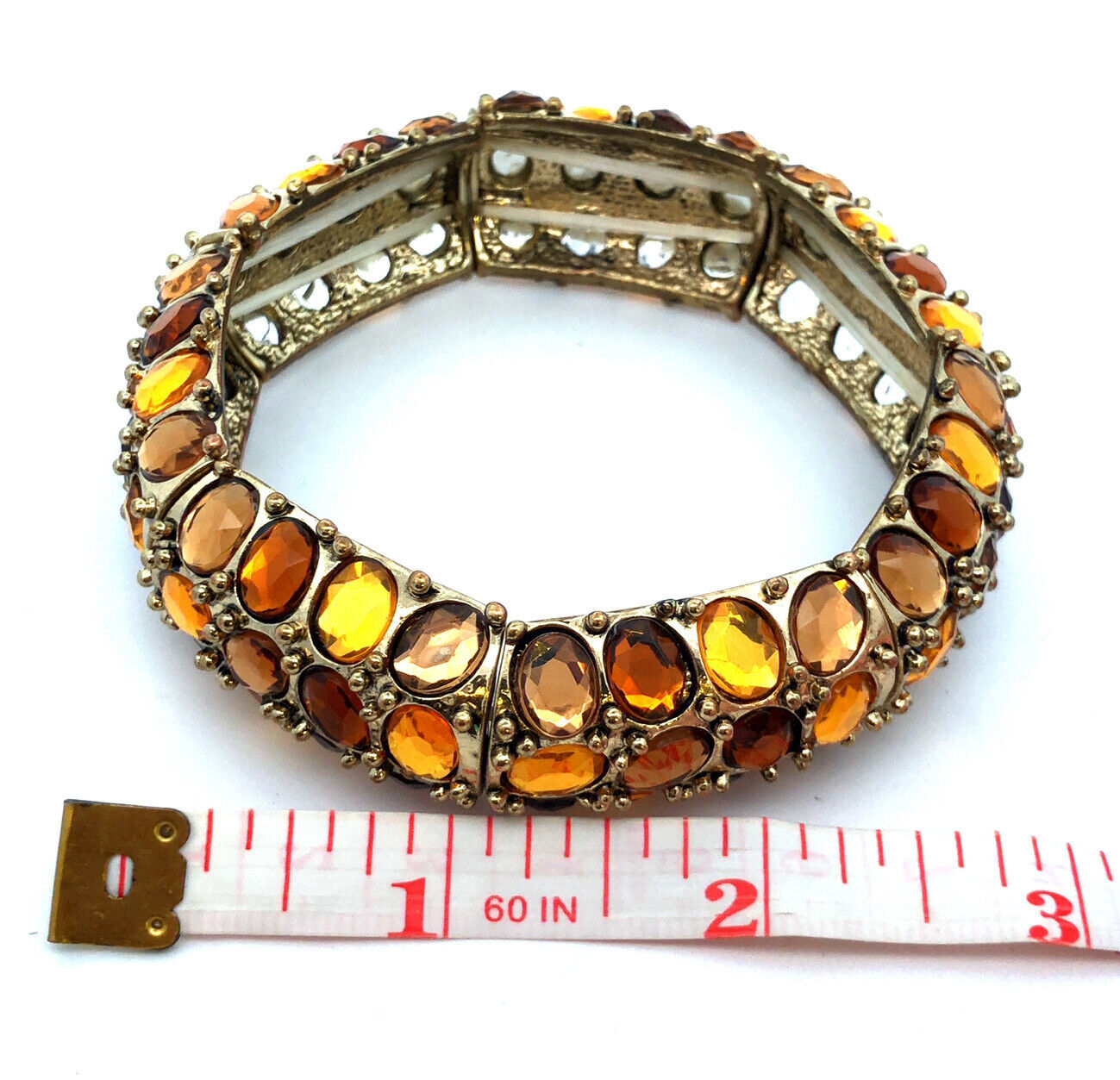 Fabulous Gold Tone Yellow Gold Amber Rhinestone Stretch Statement Cuff Bracelet