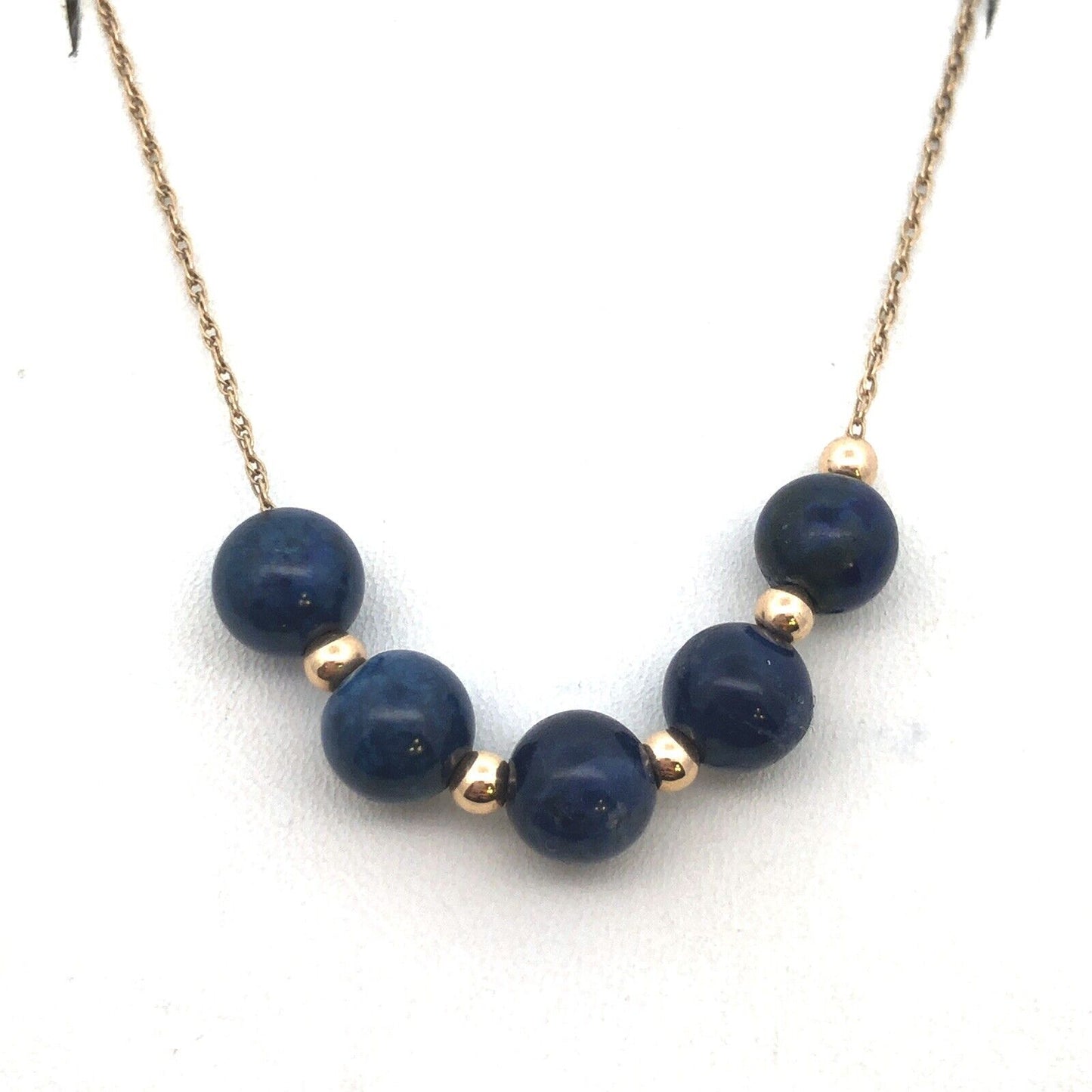 Designer 14K Yellow Gold Round Lapis Lazuli Beaded Chain Necklace