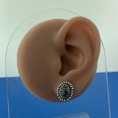 925 Sterling Silver Black White Snowflake Obsidian Oval Stud Earrings