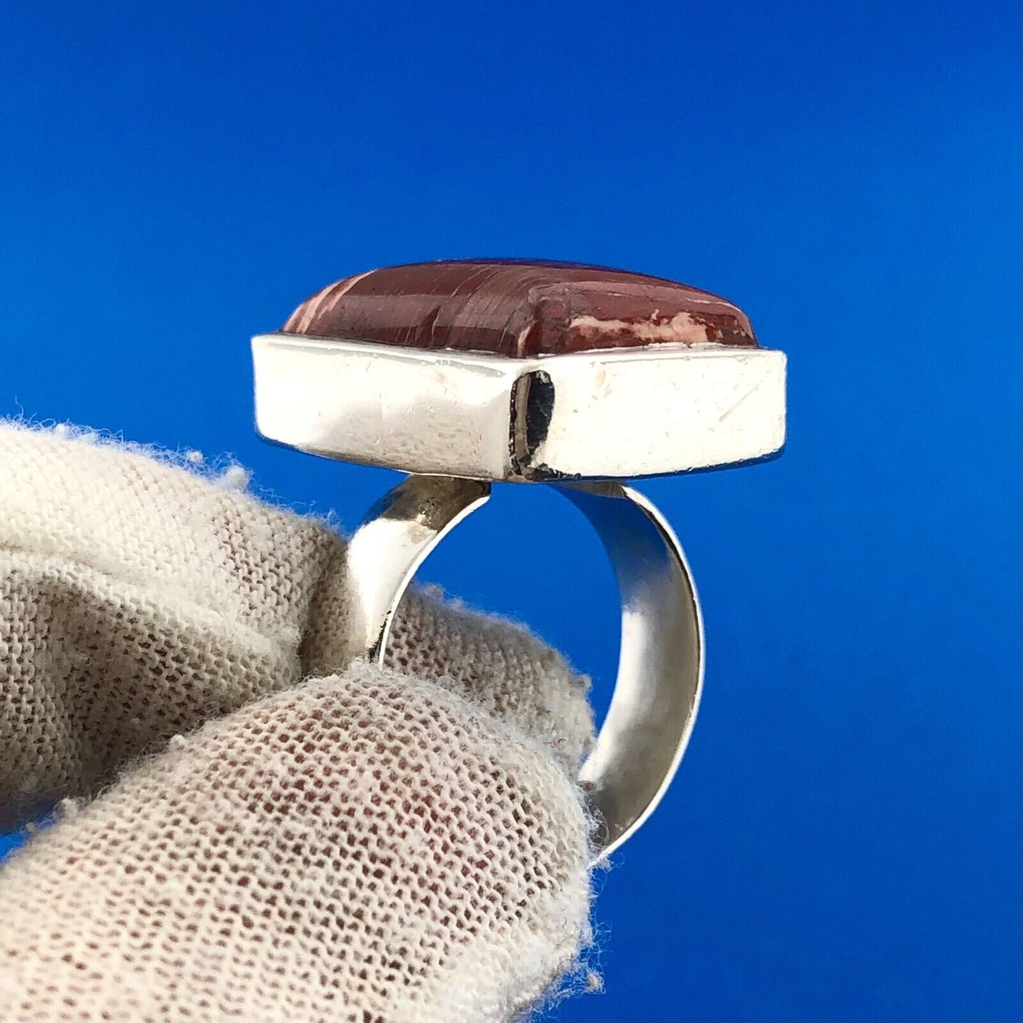 Sterling Silver 925 Banded Red Jasper Rectangular Modernist Statement Ring