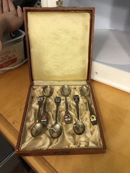Antique 800 Silver Enamel German City Souvenir 6 Demitasse Spoons Original Box