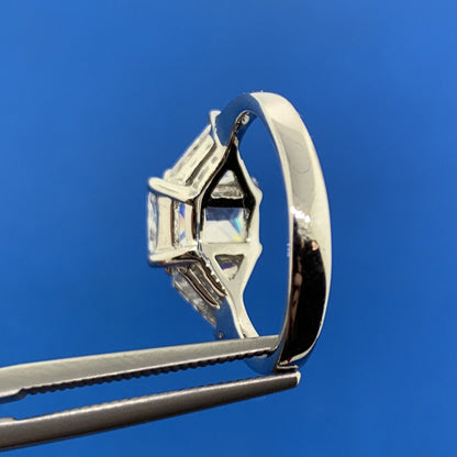 Designer 925 Sterling Silver Emerald Cut Cubic Zirconia Triangle Accented Ring