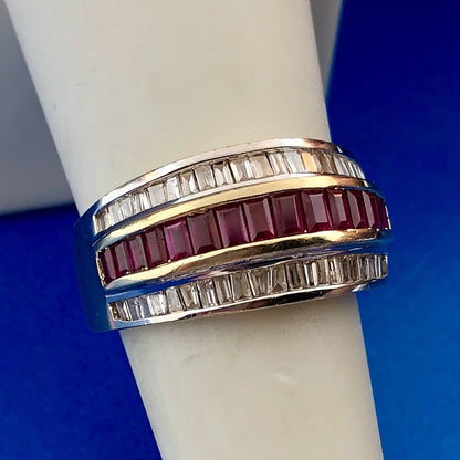 Vintage SRT 14K Yellow White Gold Diamond Ruby Channel Set Tapered Band Ring