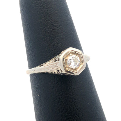 Art Nouveau Art Deco 14K White Gold Diamond Solitaire Filigree Engagement Ring