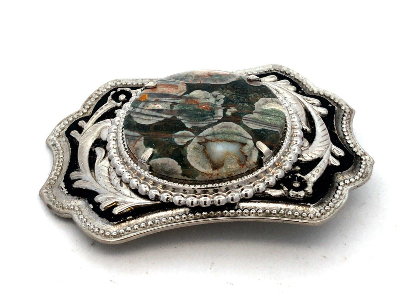Southwestern Silver Tone Turitella Agate Floral Design Statement Belt Buckle
