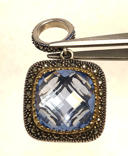 Designer 925 Sterling Silver Cushion Tanzanite Marcasite Two-Tone Square Pendant