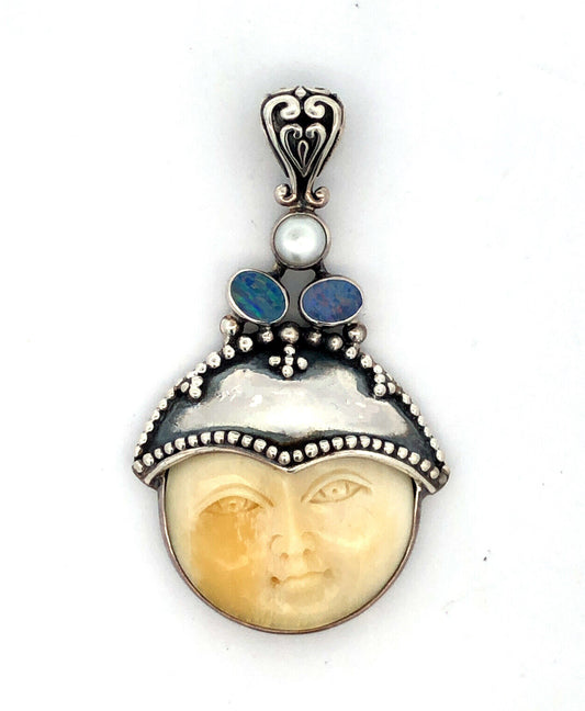 925 Sterling Silver Opal Pearl Carved Resin Moon Face Statement Pendant