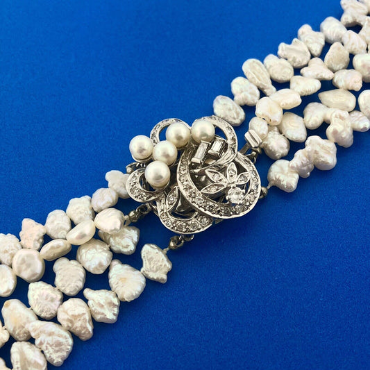 Gorgeous 14k White Gold Diamond Pearl & Keshi Pearl 4 Strand Statement Necklace