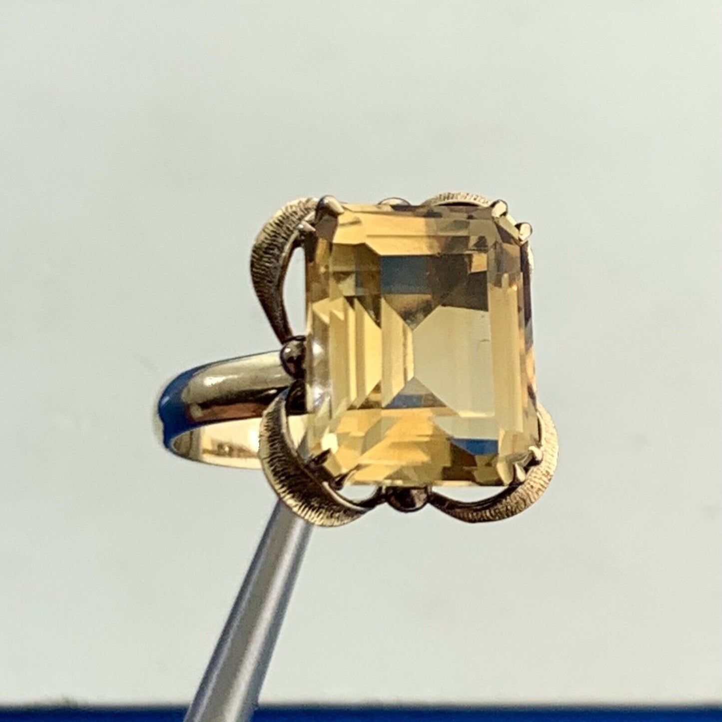 Vintage 14K Yellow Gold Emerald Cut Citrine Solitaire Cocktail Ring