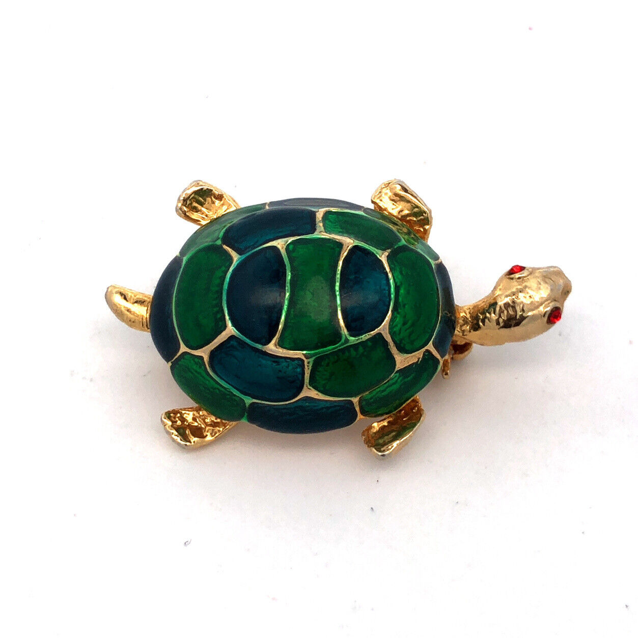 Vibrant Gold Tone Blue Green Enamel Red Rhinestone Turtle Scarf Lapel Pin Brooch