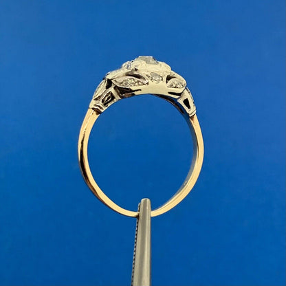Vintage 14K Yellow White Gold Miner's Cut Diamond Trio w/Accents Cocktail Ring