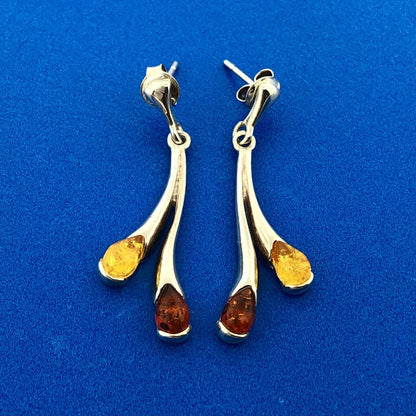 Stunning Sterling Silver 925 Teardrop Red Yellow Amber Dripping Dangle Earrings