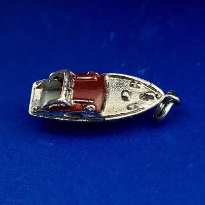 Vintage Designer WELLS 925 Sterling Silver 3D Red Enamel Speed Ski Boat Charm