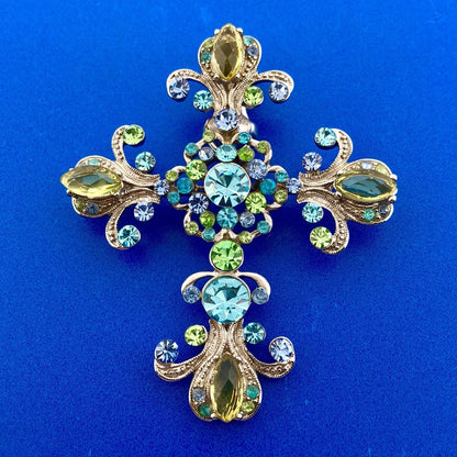 Silver Tone Grn Blue Aqua Crystal Fleur De Lis Cross Statement Enhancer Pendant